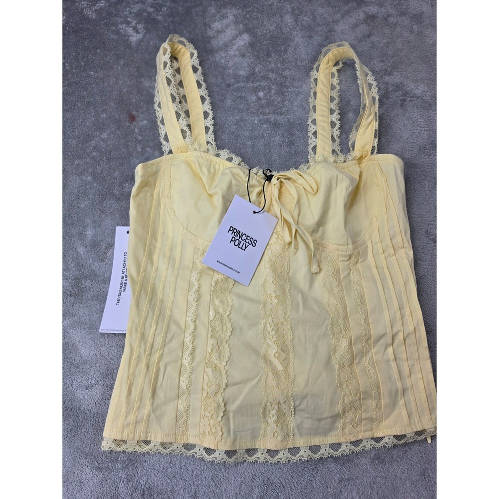 Princess Polly Stellah Top Yellow Lace Trim Pintuck Corset Camisole US 4 NEW